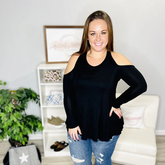 Reg/Plus Black Long Sleeve Cold Shoulder Top