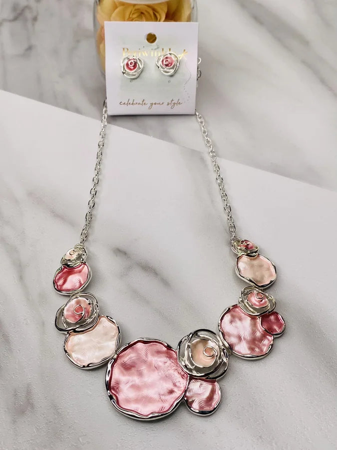 Silver Necklace/Earrings Set w/ Blush Enamel Circles by Periwinkle