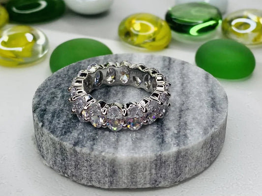 Rhodium Plated Oval Cubic Zirconia Eternity Band