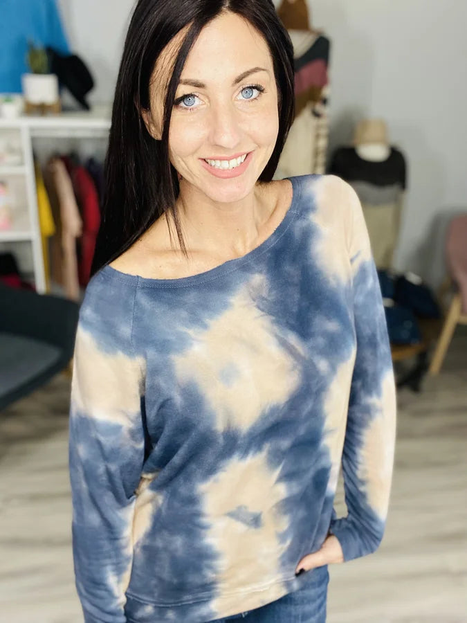 Reg. Denim/Sand Tie Dye Raw Edge Long Sleeve Top