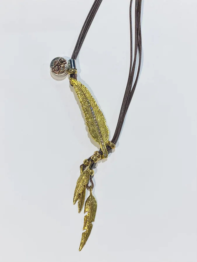 Gold Feather & Snap Pendant on Brown Cording