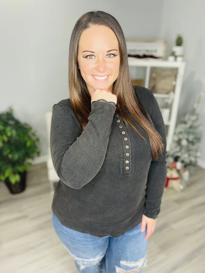 Reg/Plus Black Ribbed Washed Henley Long Sleeve Top