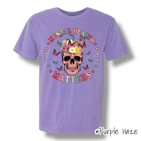 "Mental Health Matters" Butterfly Skull T Shirt/Crewneck/Hoodie w/ Sleeve Print