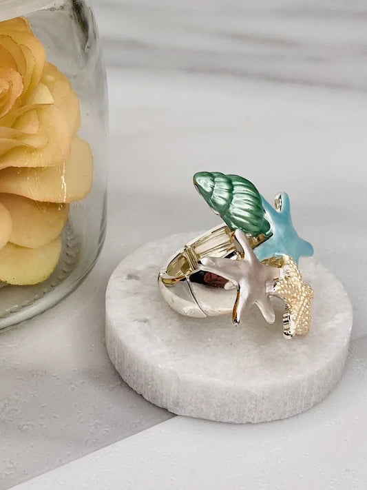 Aqua Sea Shell/Sea Star Elastic Ring by Periwinkle