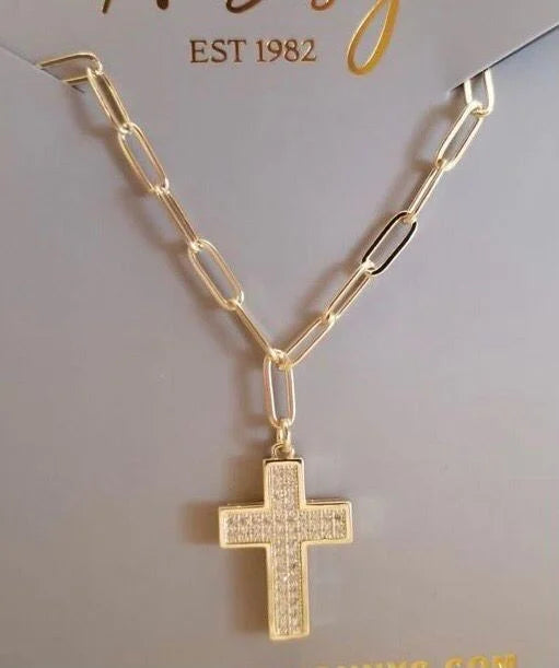 Gold Plated Pave Cubic Zirconia Cross Necklace - 16" +2