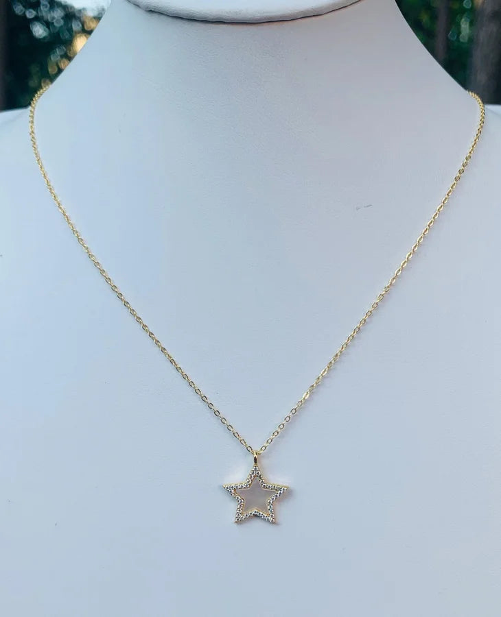 Sterling Silver Gold Plated Necklace w/ Mother of Pearl Cubic Zirconia Star Pendant - 16-18"