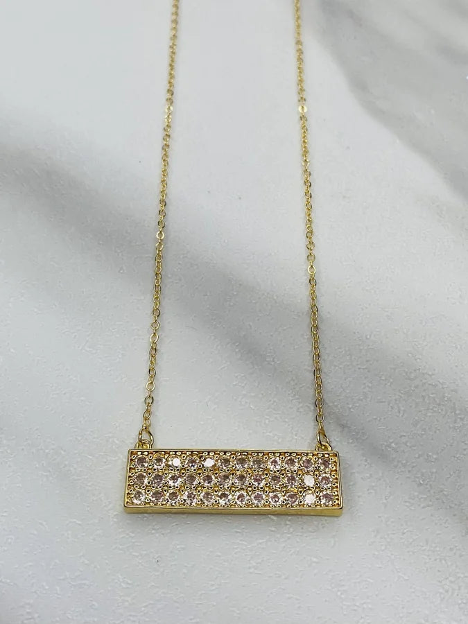 18 Kt. Gold Plated Sterling Silver Pave CZ Bar Necklace - 16" +2