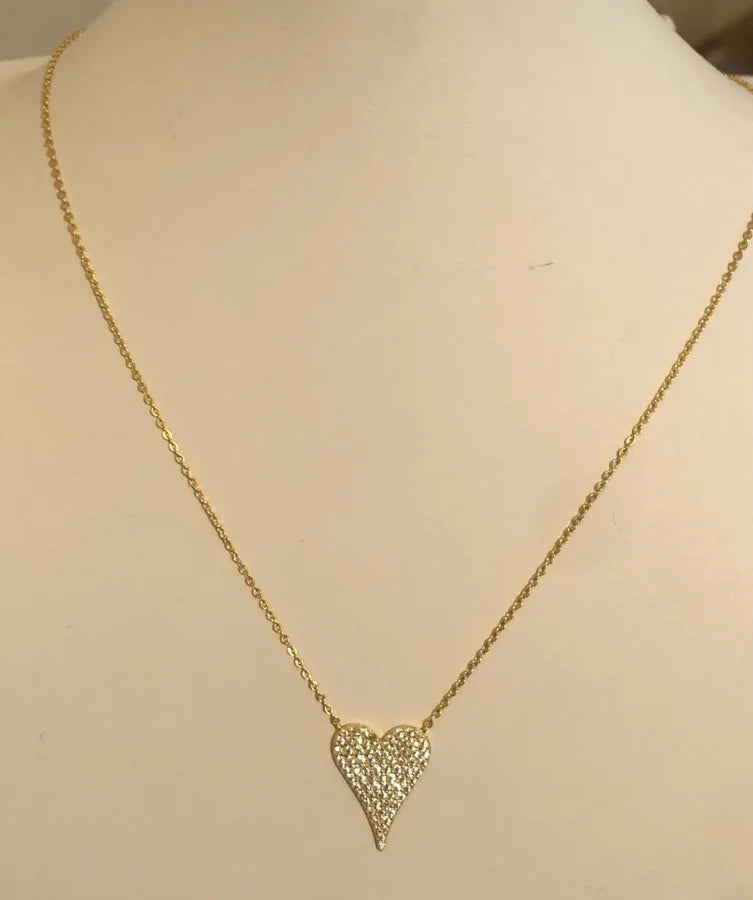 Sterling Silver Gold Plated Pave Cubic Zirconia Heart Necklace - 16" +2