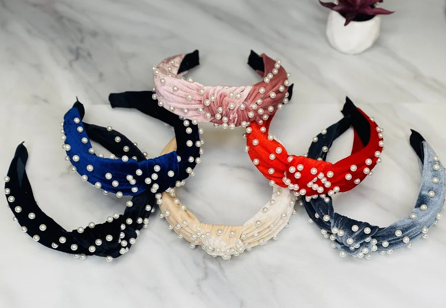 Pearl-Studded Velvet Headband (Multiple Fun Colors)