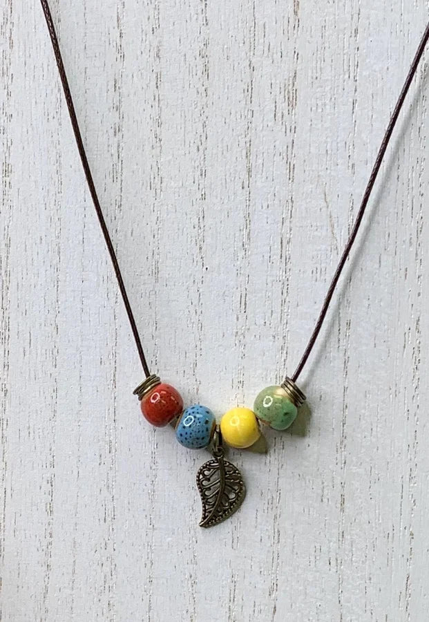 Multicolor Bead Necklace w/ Feather Charm