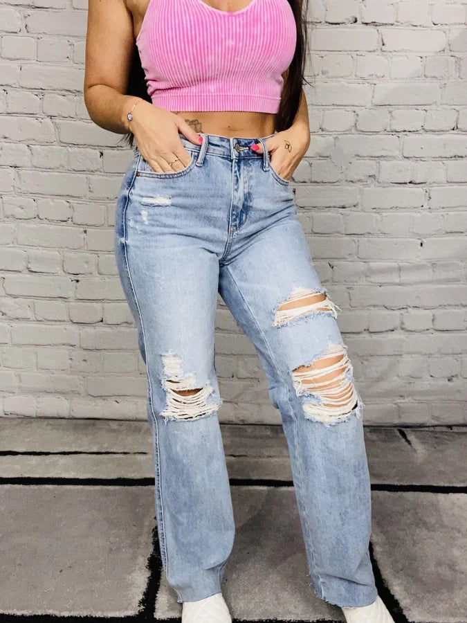 Judy Blue - "Brittany" Medium Blue Rigid Magic High-Waisted Destroyed 90s Straight Leg Jeans