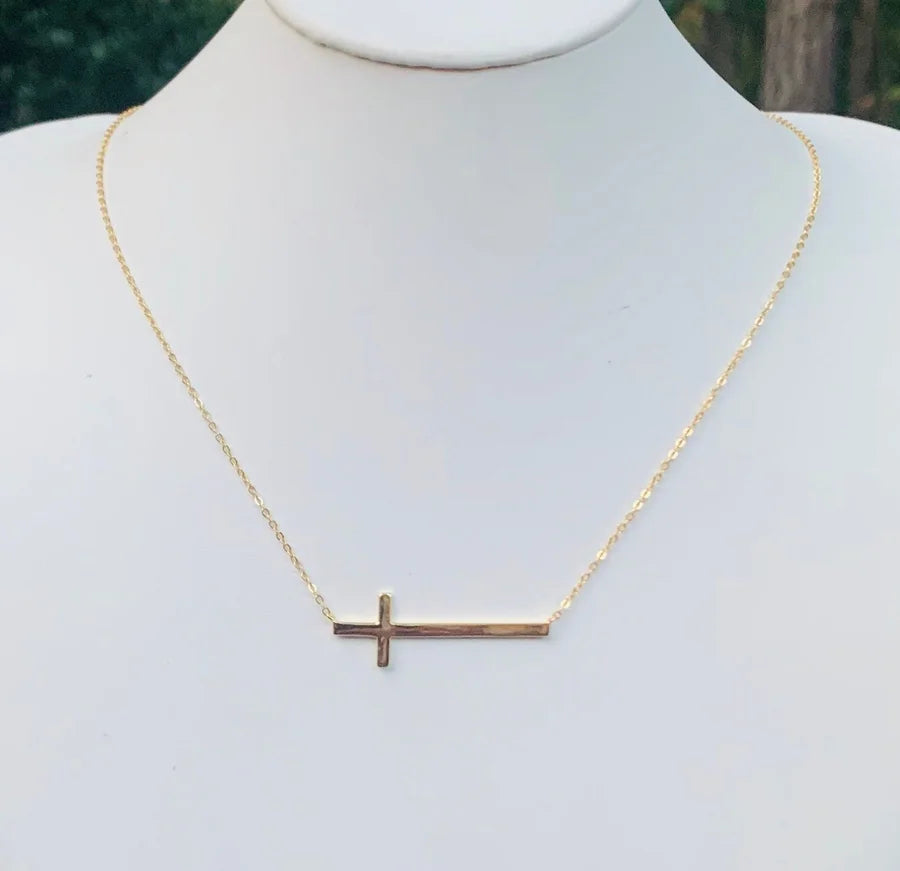 Sterling Silver Gold Plated Side Cross Necklace - 16-18"