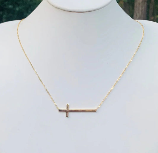 Sterling Silver Gold Plated Side Cross Necklace - 16-18"