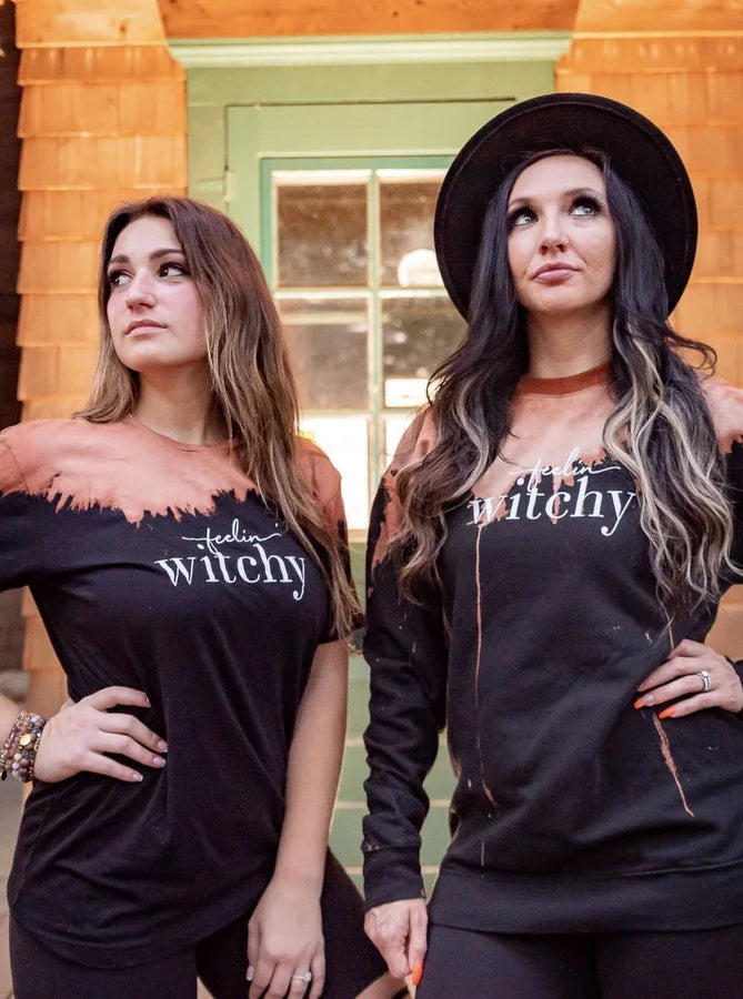 "Feelin Witchy" Black (Caramel Apple) Bleached Tie Dye Sweatshirt - Reg/Plus