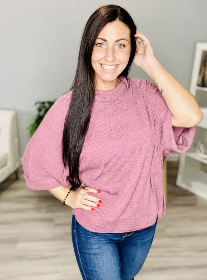 Reg Berry Ribbed Mock Neck 3/4 Sleeve Top