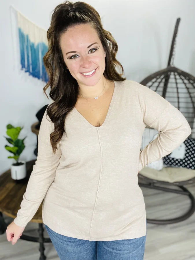 Taupe V-Neck Long Sleeve Sweater - Reg/Plus
