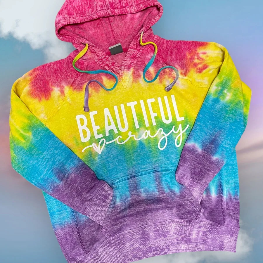 "Beautiful Crazy" Burnout V-Notch Rainbow Stripe Hoodie