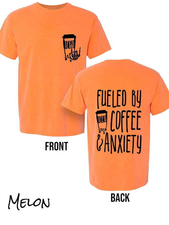 "Fueled By Iced Coffee and Anxiety" (BLACK INK ONLY) Short Sleeve T Shirt