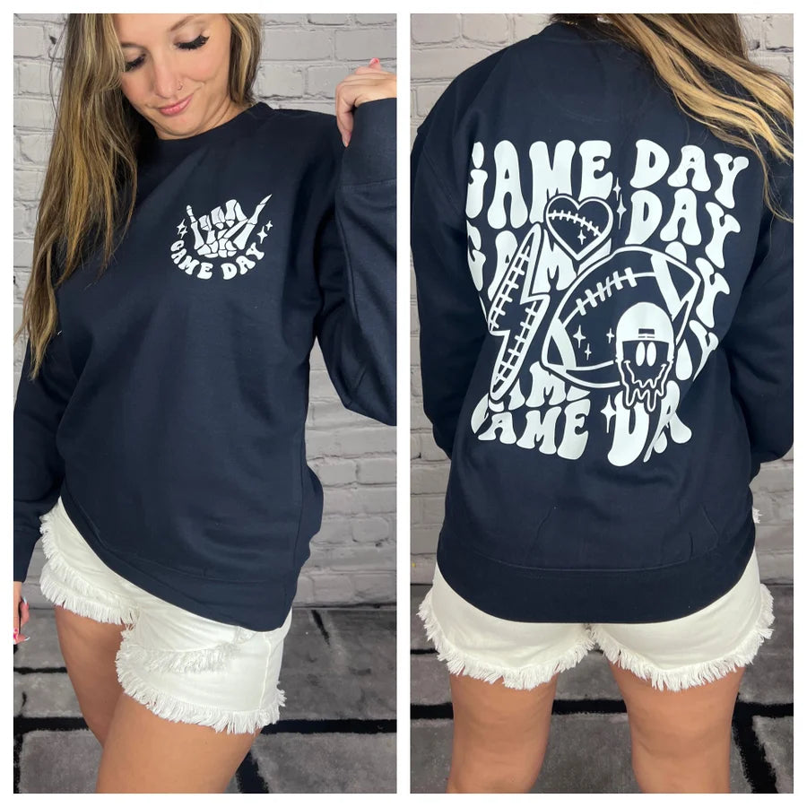 "Game Day" (White Ink) Long Sleeve/Crewneck Sweatshirt