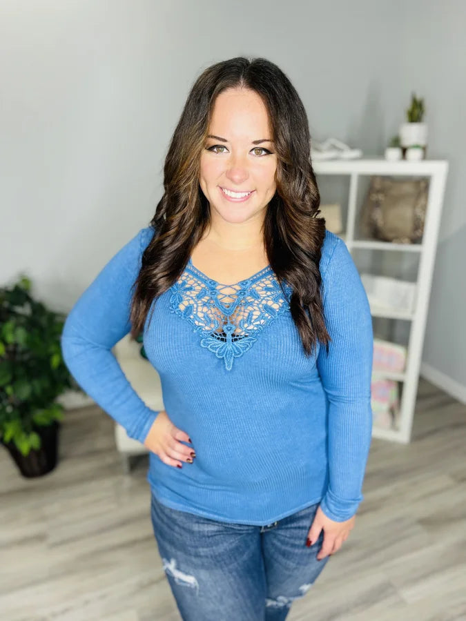 Reg. French Blue Mineral Wash Ribbed Top