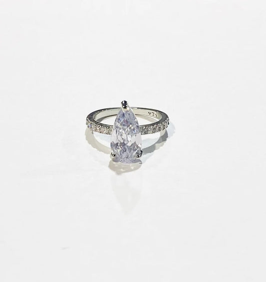 Rhodium Plated Pear Shaped Cubic Zirconia Ring