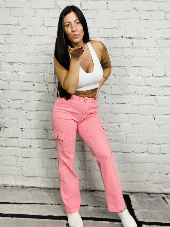 Judy Blue - "Penelope" Pink High-Waisted Cargo Straight Leg Jeans