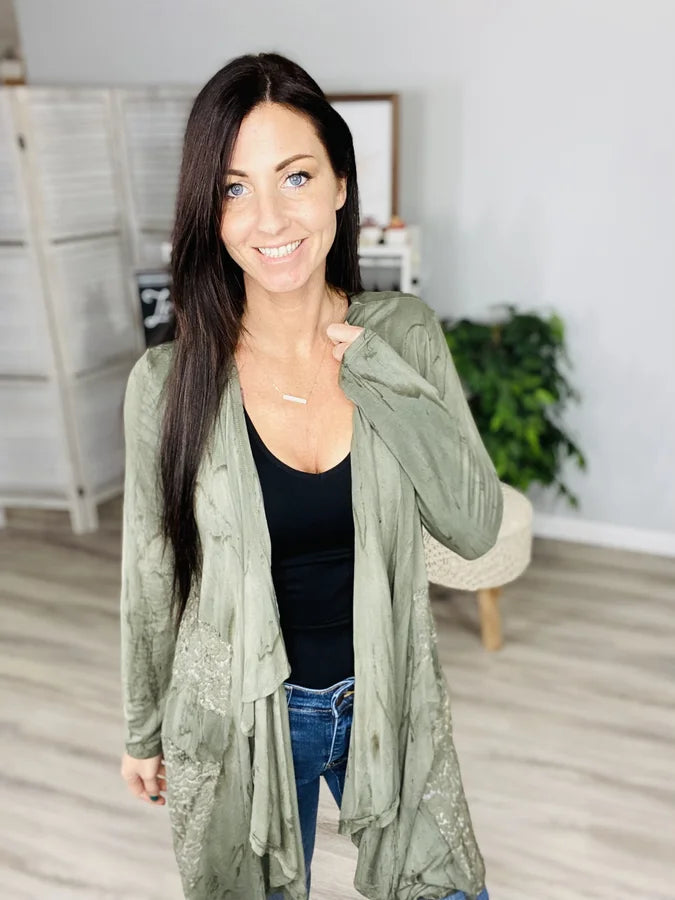 Reg. Olive Tie Dye & Lace Cardigan