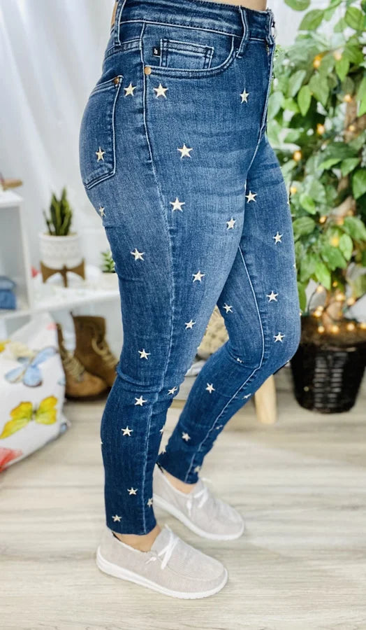 Judy Blue - Dark Blue High-Waisted Star Embroidered Skinny Jeans - Reg/Plus