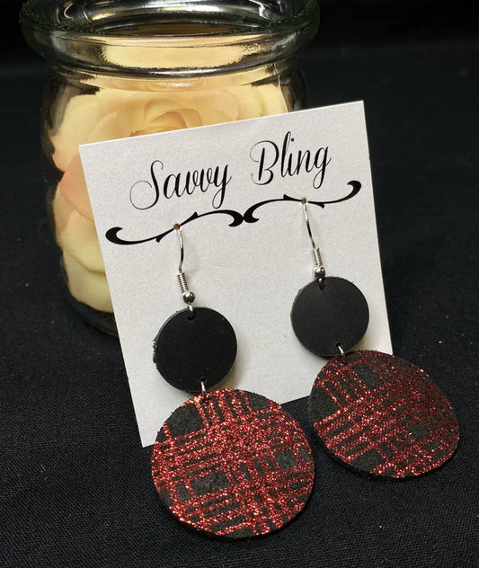 Savvy Bling Buffalo Plaid Red Shimmer Leather Earrings