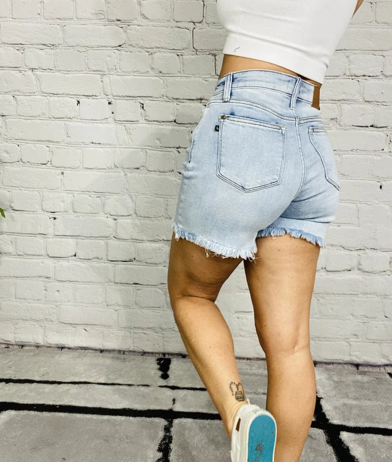 Judy Blue - "Angie" Light Blue High-Waisted Frayed Hem Dad Shorts