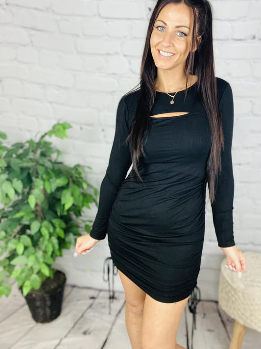 Black Peek-a-Boo Ruched Dress - Reg/Plus