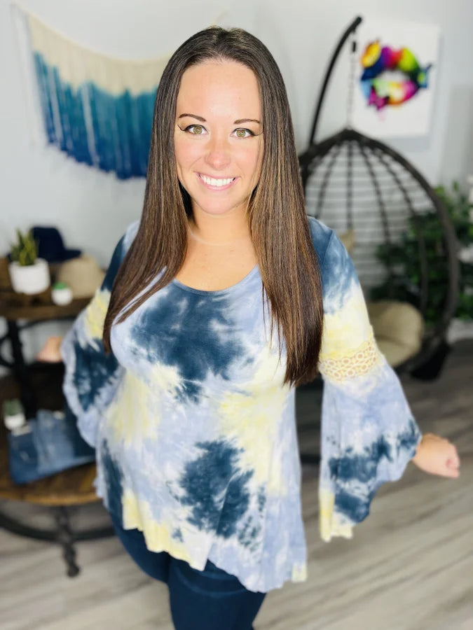 Reg. Blue/Yellow Tie Dye Bell Sleeve Top