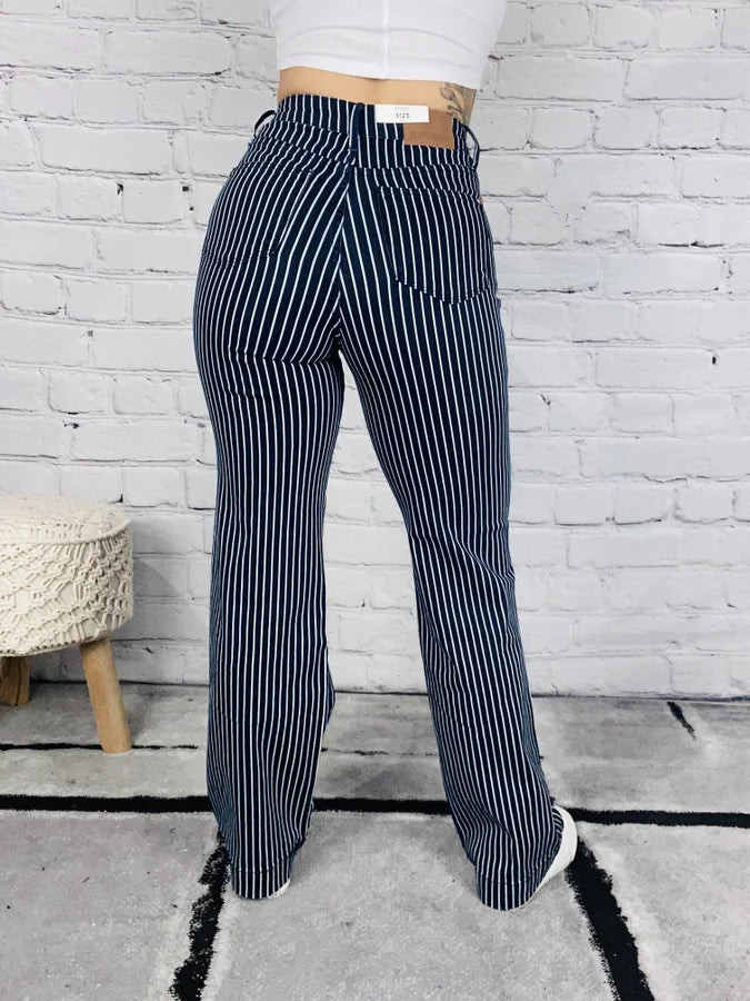 Judy Blue - "Regina" Dark Blue High-Waisted Striped Tummy Control Straight Leg Jeans