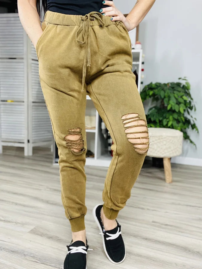 Reg/Plus Olive Mineral Wash Distressed Joggers
