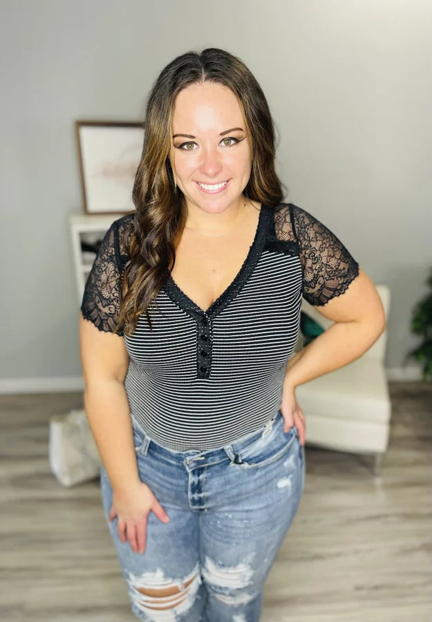 Reg/Plus Black/White Striped Short Sleeve Bodysuit