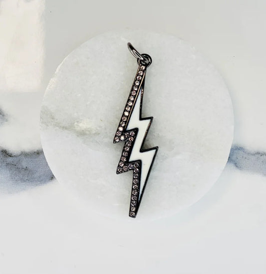 White Enamel & Pave Crystal Lightning Bolt Pendant (Medium)