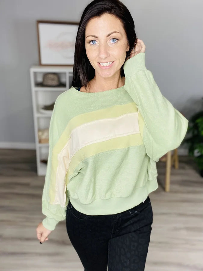 Reg. Light Green French Terry Frayed Long Sleeve Top