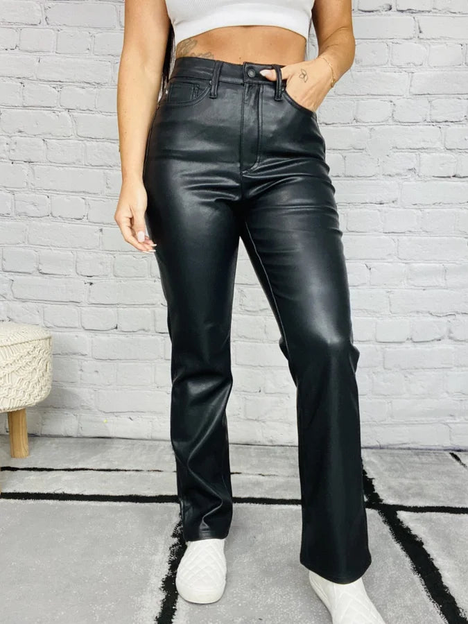 Judy Blue - "Denise" Black High-Waisted Tummy Control Faux Leather Jeans