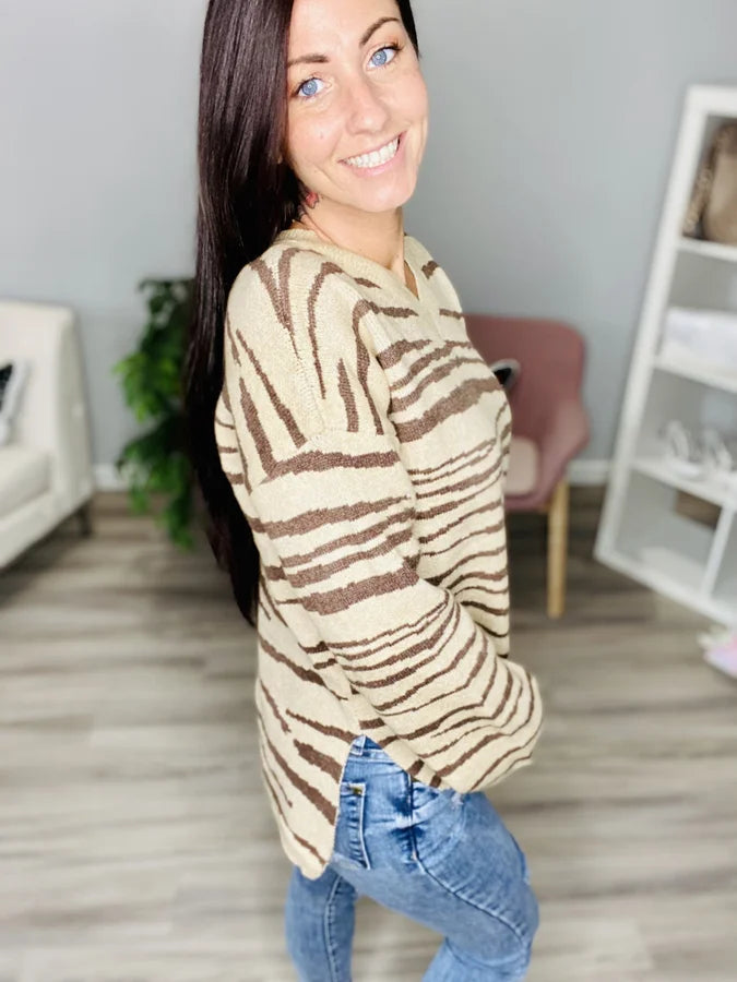 Reg. Taupe Zebra Striped V-Neck Sweater