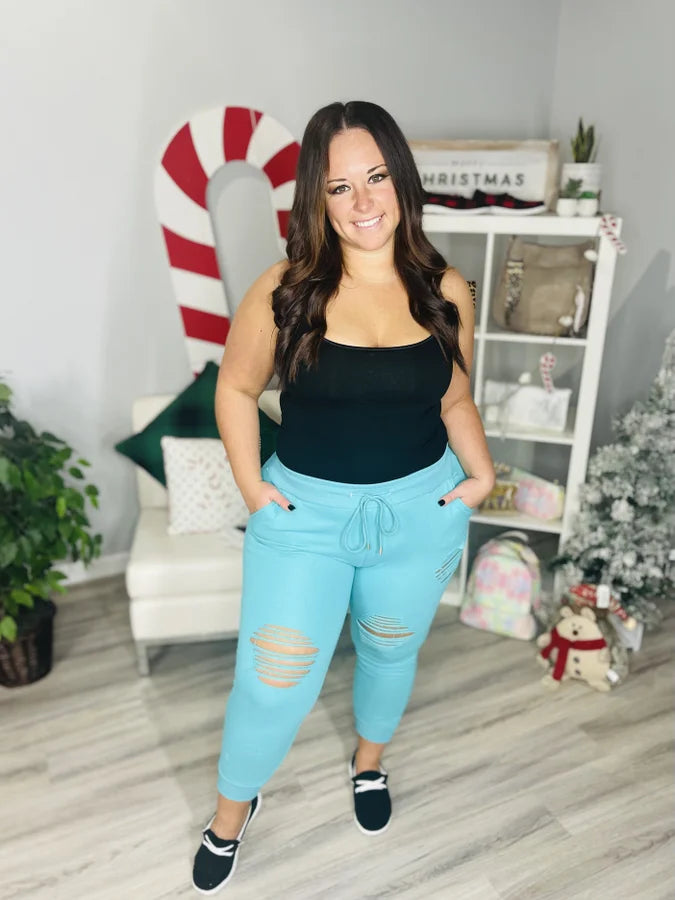 Reg/Plus Teal Distressed Joggers w/ Drawstring & Pockets