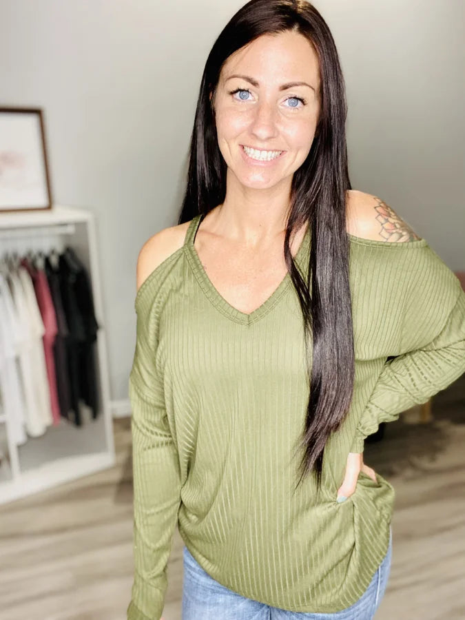 Reg/Plus Olive Cold Shoulder Long Sleeve Top