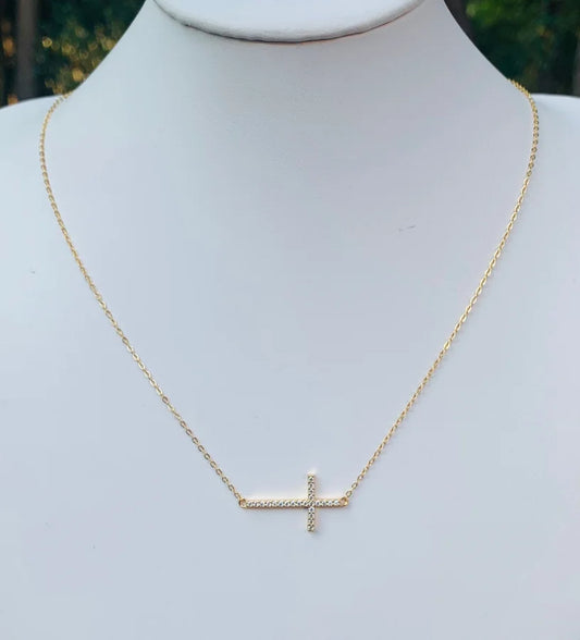 Sterling Silver Gold Plated Pave Cubic Zirconia Side Cross Necklace - 16-18"