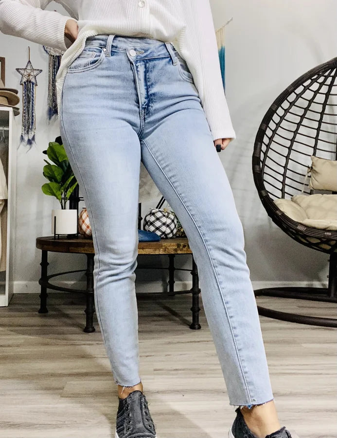 "Bonnie" Light Blue High-Rise Crossover Skinny Jeans - Reg/Plus