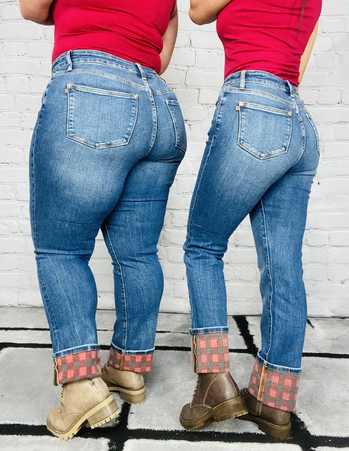 Judy Blue - "Ginger" Medium Blue High-Waisted Straight Leg Jeans (w/ Hidden Plaid Cuff)