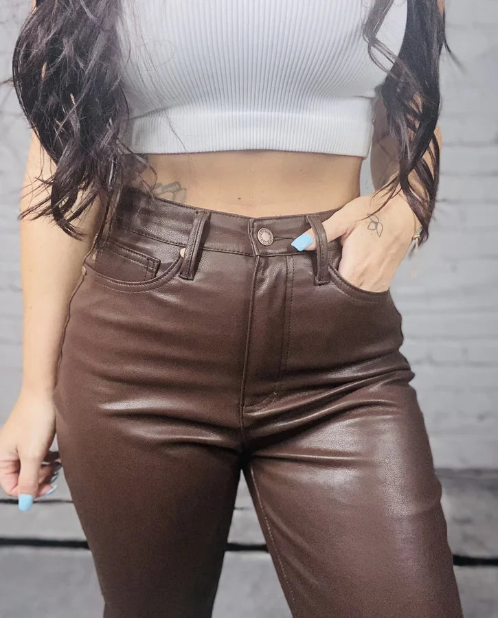 Judy Blue - "Rhonda" Espresso High-Waisted Tummy Control Faux Leather Jeans