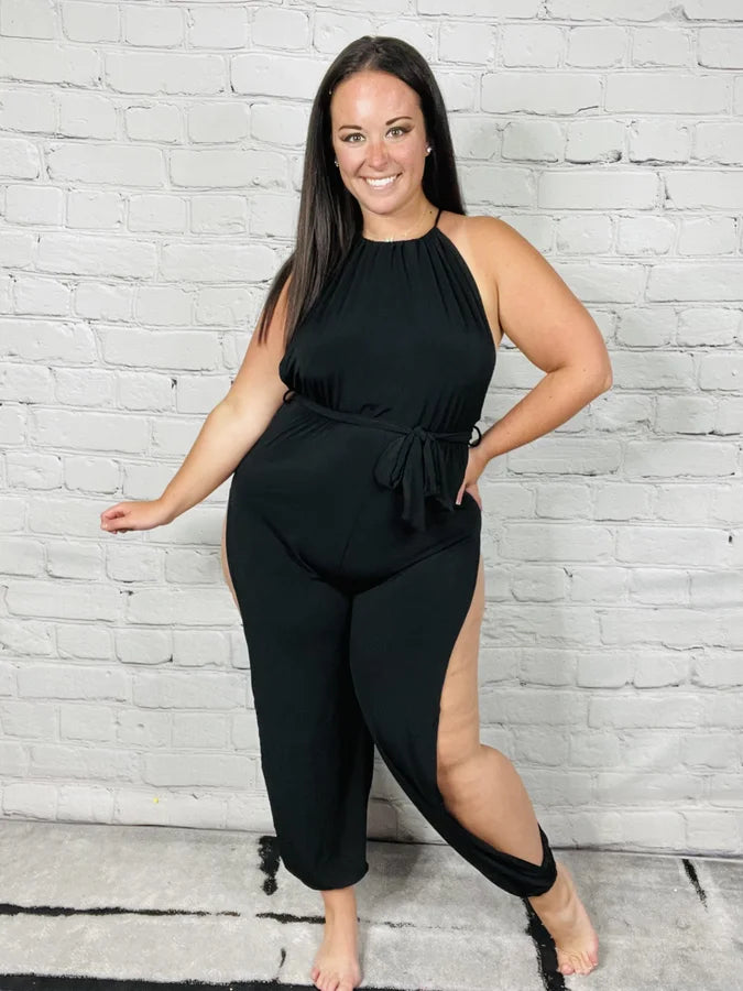 "Show Stopper" Black Halter Neck Split Side Jumpsuit