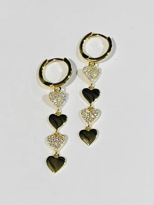 Sterling Silver Gold Plated Cubic Zirconia Pave Dangling Hearts Earrings