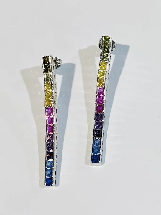 Rhodium Plated Multicolor Cubic Zirconia Long Earrings - Smooth Stones