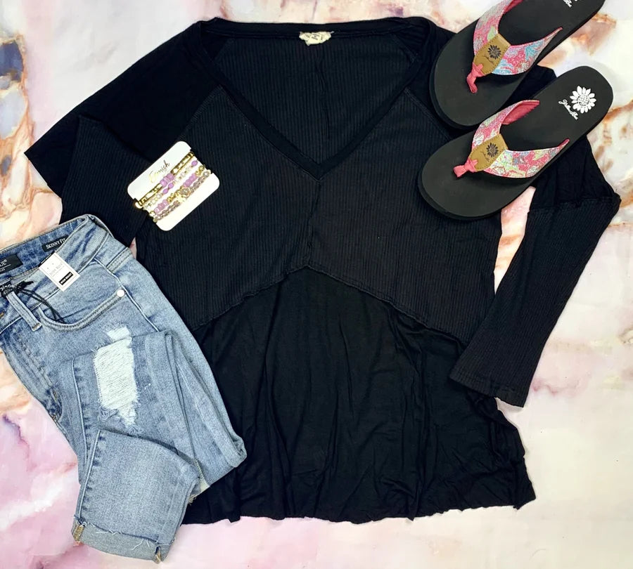 Black Long Sleeve Ribbed Top