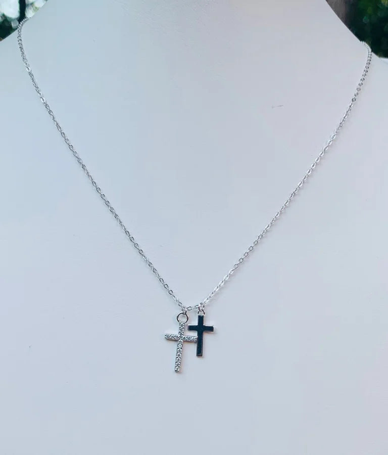 Sterling Silver Double Cross Necklace - 16-18"